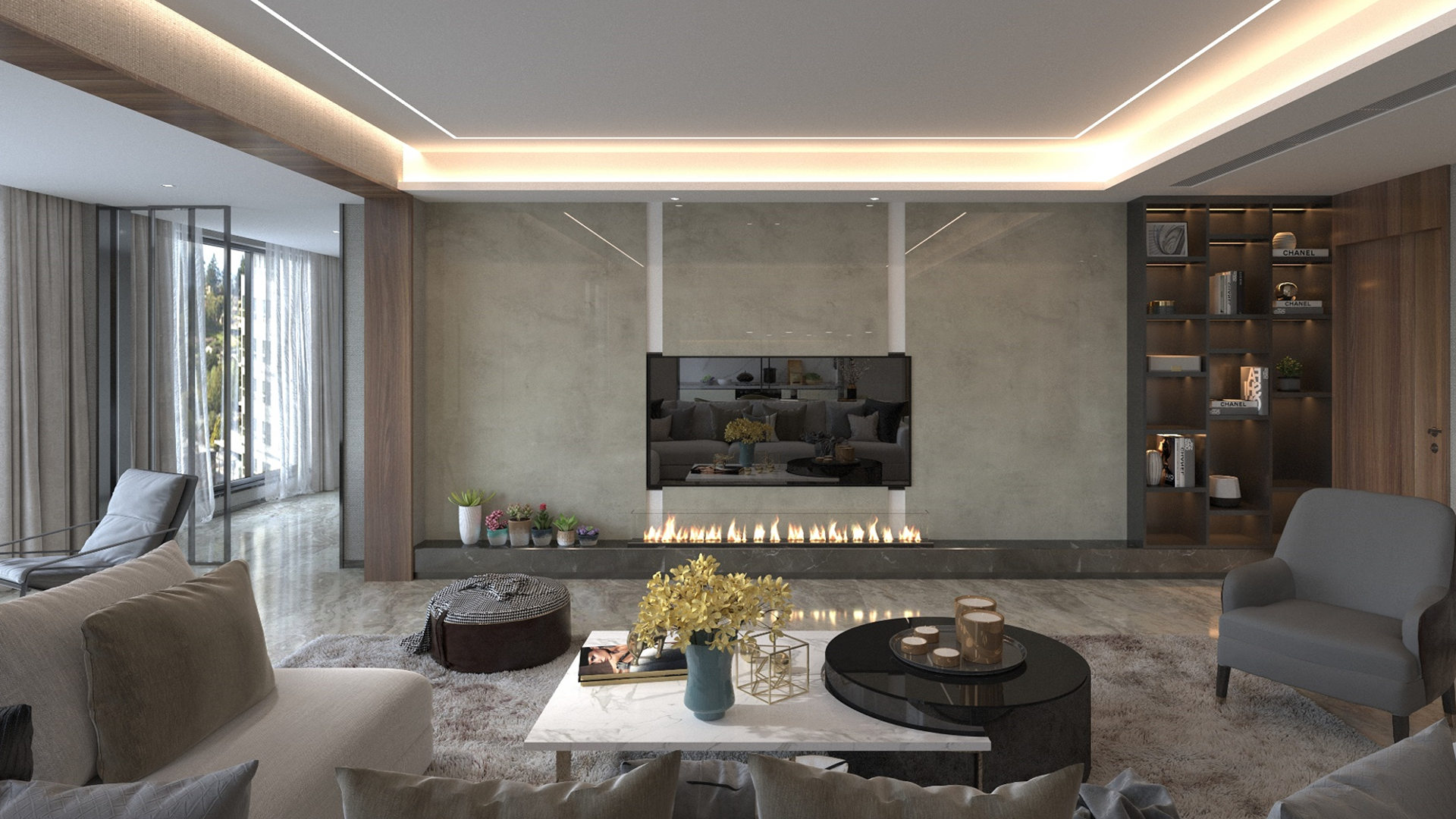 Brown marble laminate in modern living room with high gloss finish and veining pattern on coffee table and fireplace surround
