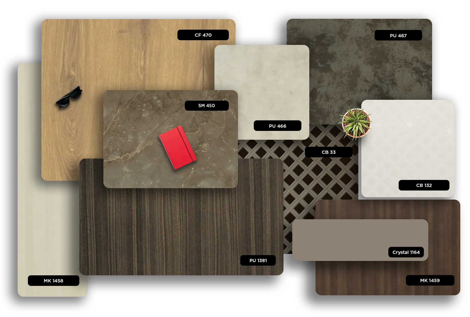 Multicolored marble laminate with matte finish and veining pattern, showcasing various designs and textures in a collage of