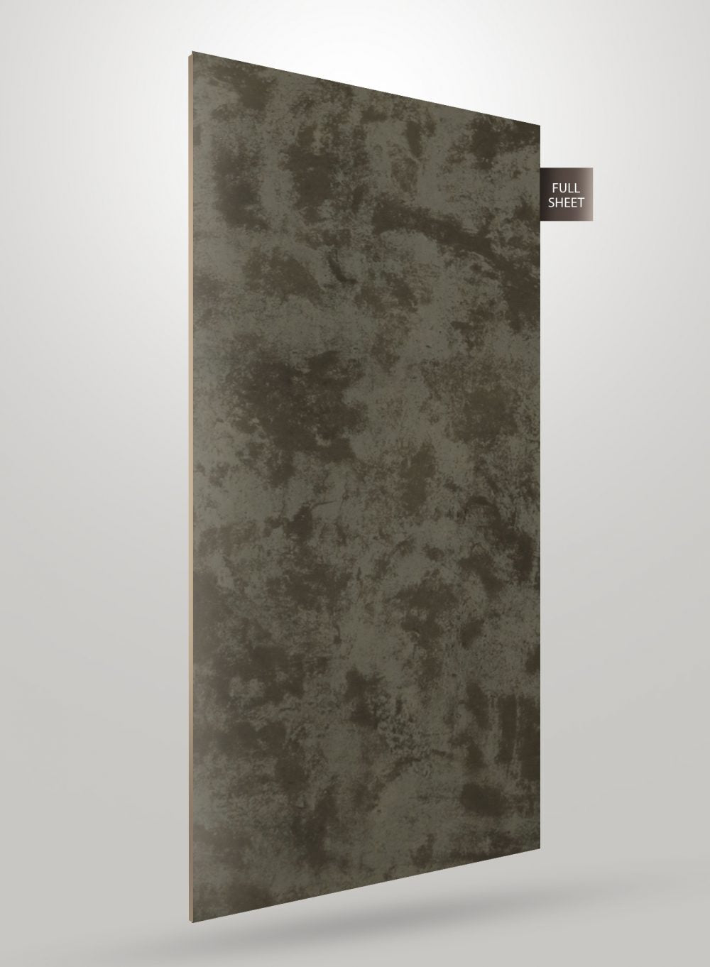 Matte grey marble laminate sheet with mottled pattern and subtle texture, shown at an angle with full sheet label.