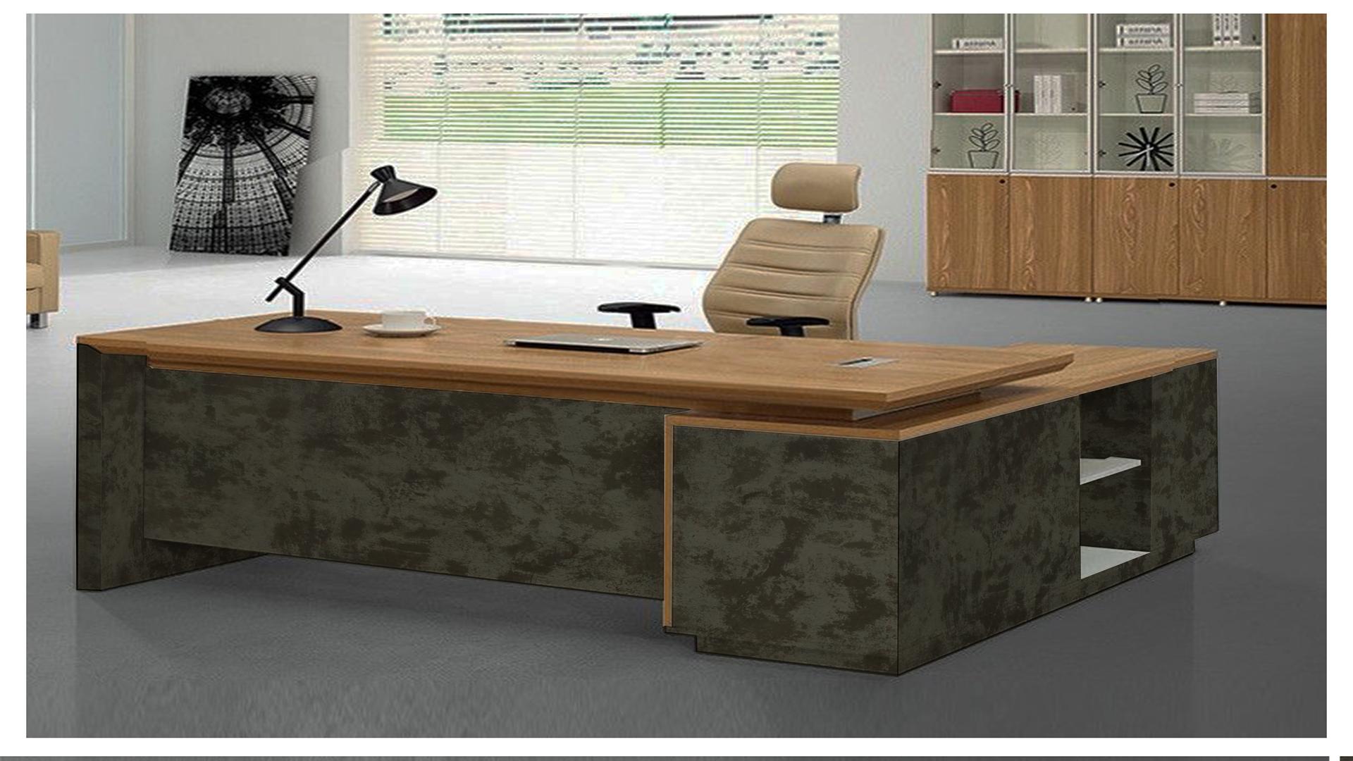 Dark green mottled laminate desk in modern office setting with wooden top and sleek office chair and decor accessories.