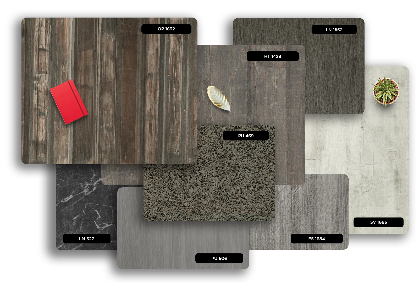 Grey wood grain decorative laminate with high gloss finish and visible texture, labeled PU 506.