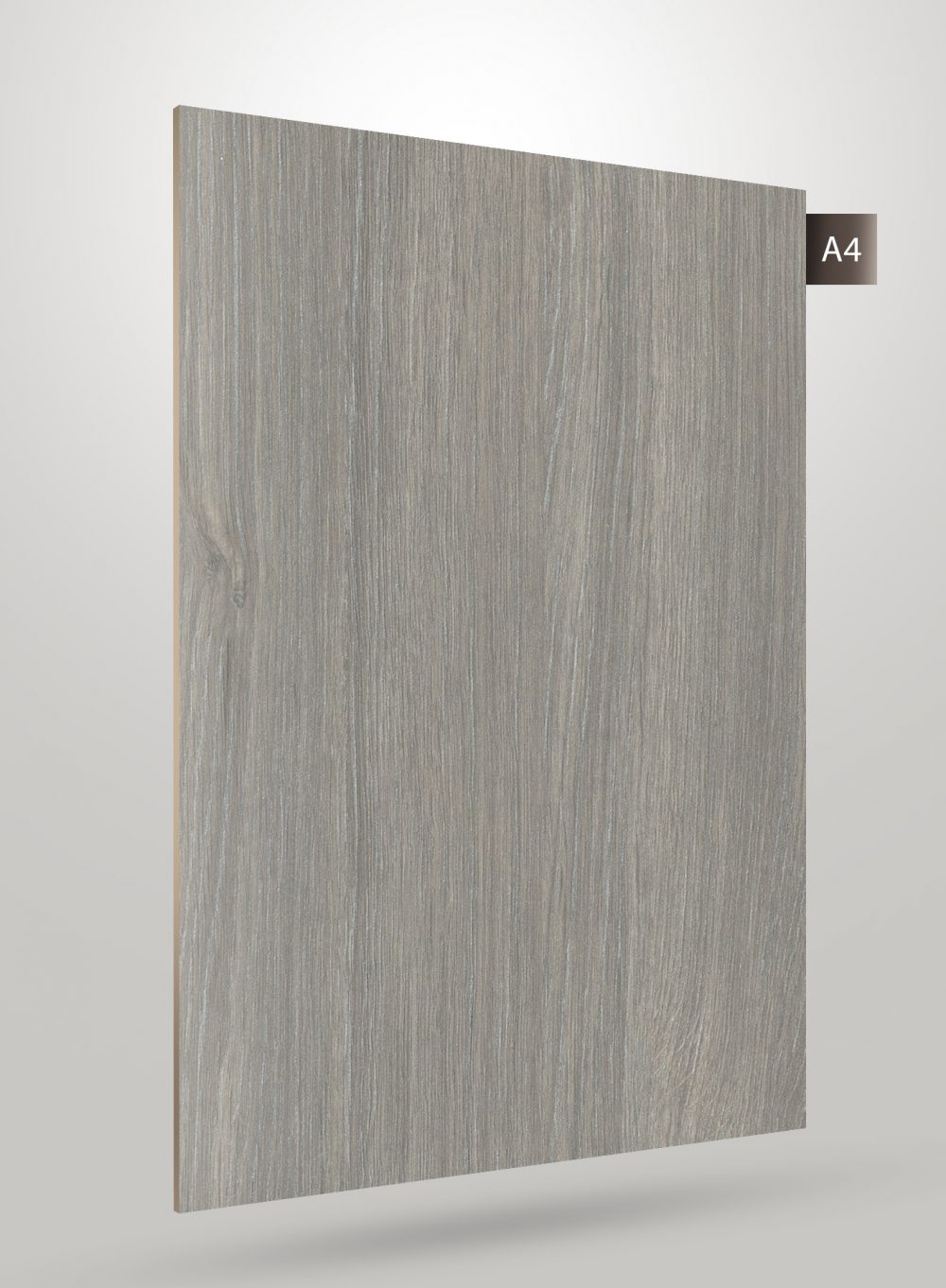 Grey wood grain decorative laminate with high gloss finish and visible wood texture and grain pattern.