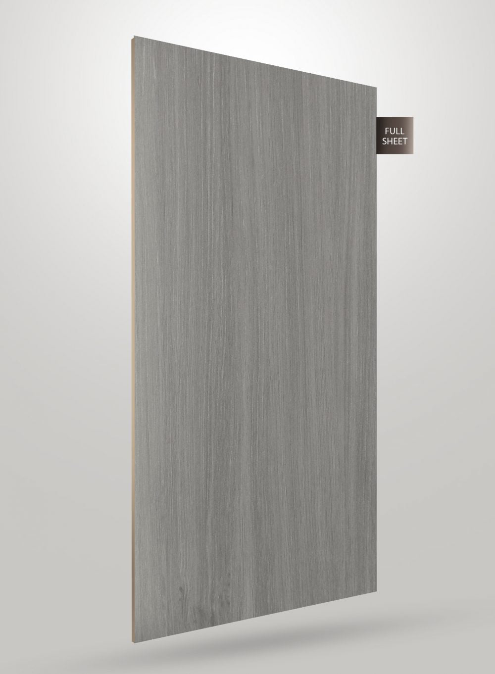 Grey wood grain decorative laminate with high gloss finish and visible wood texture, shown as full sheet.