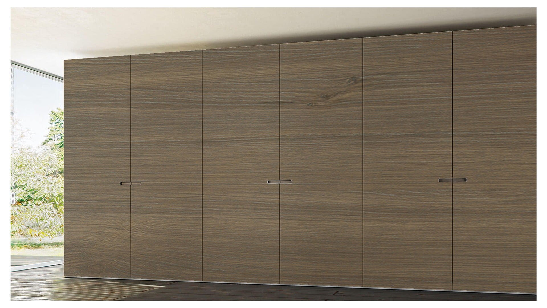 Brown wood grain laminate cabinet doors with glossy finish and silver handles in a modern interior setting.