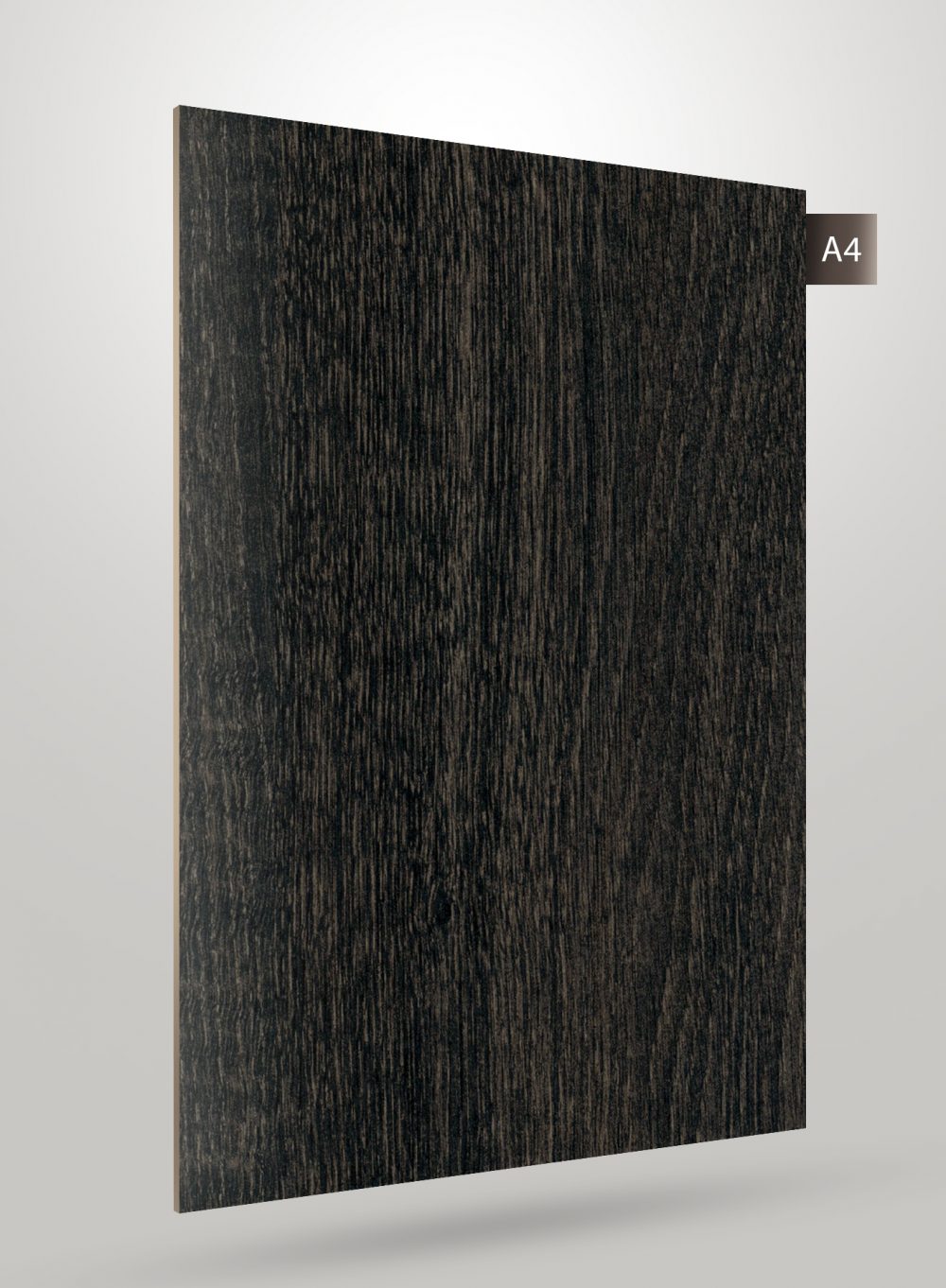 Dark wood grain patterned laminate with high gloss finish and subtle texture, showing vertical wood grain details.