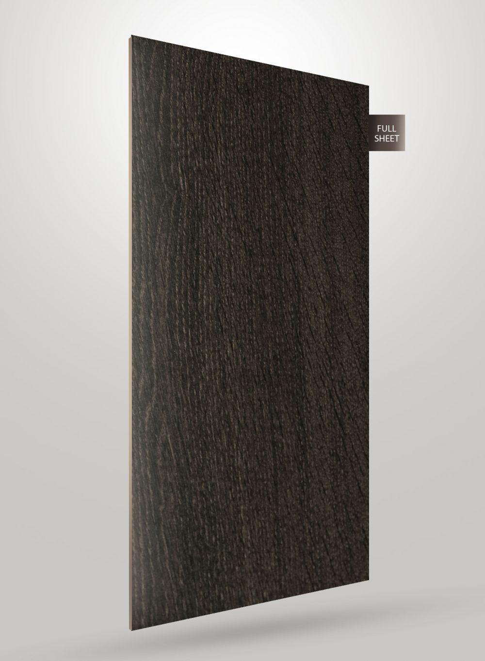 Dark brown wood grain laminate sheet with textured finish and visible grain pattern, labeled full sheet.
