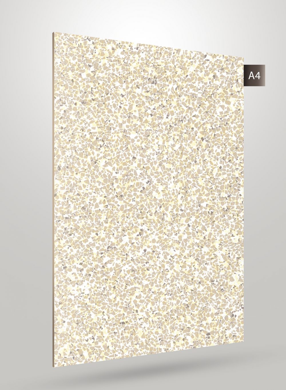 Multi-coloured terrazzo patterned laminate with beige and brown flecks on white background and glossy finish.