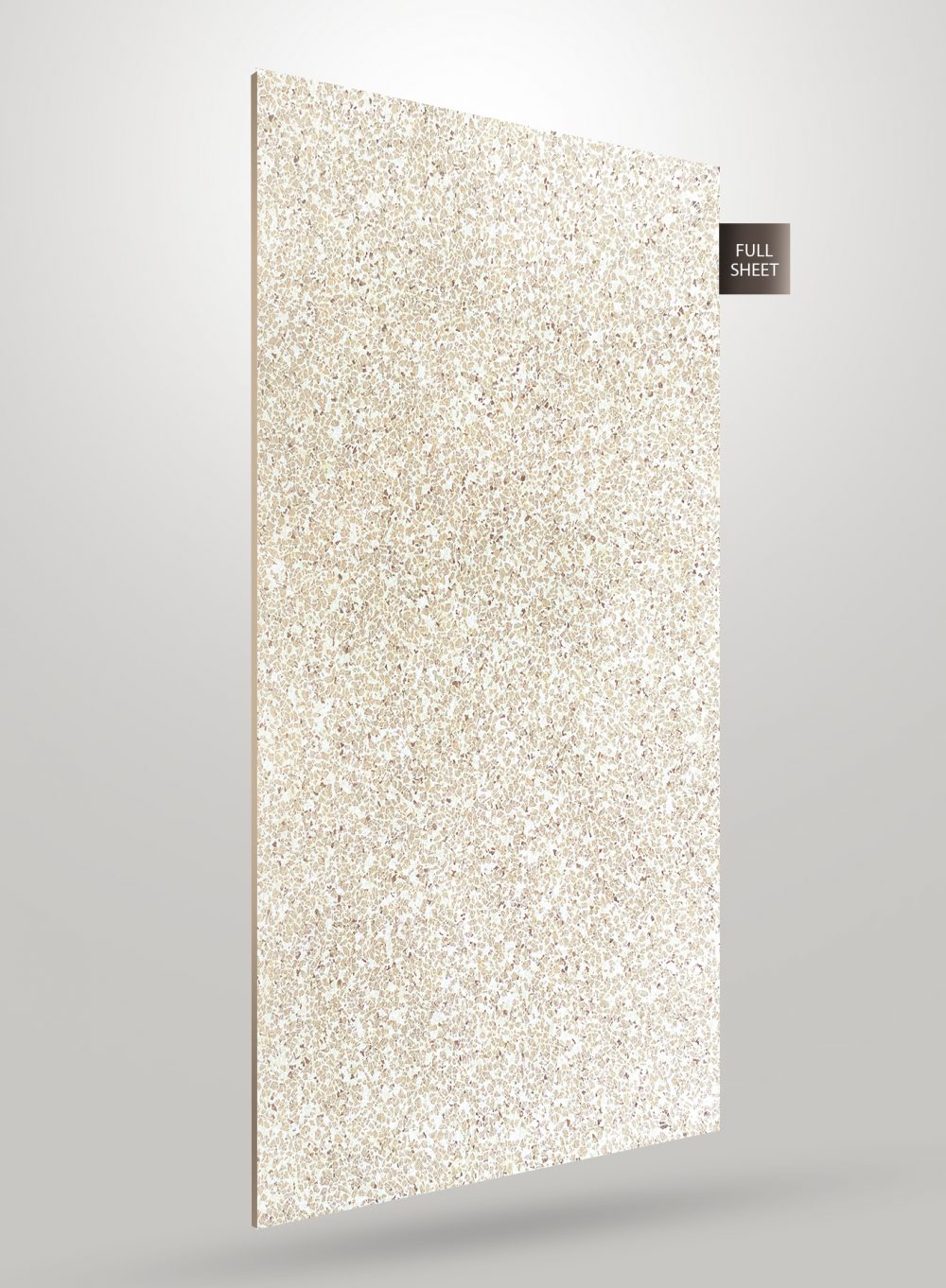 Beige stone laminate sheet with speckled pattern and glossy finish displayed at an angle with full sheet label.