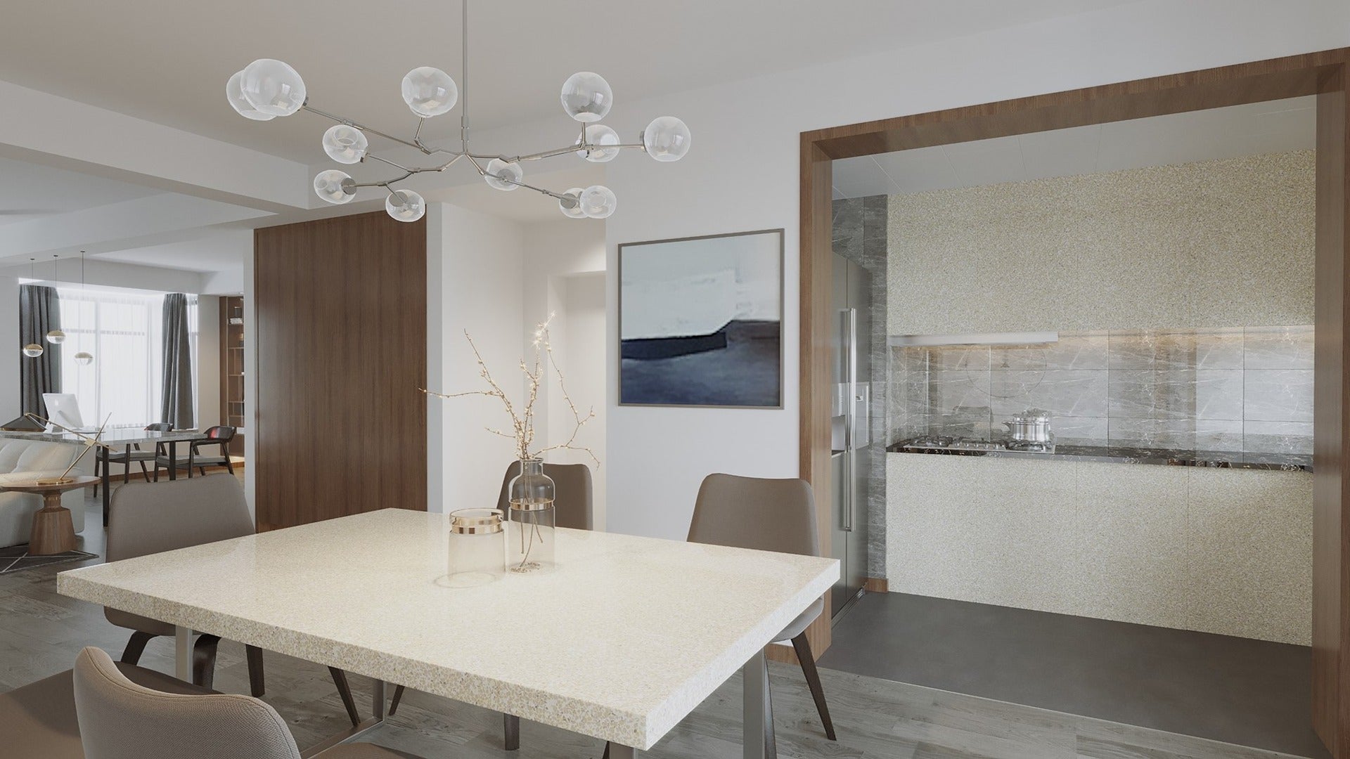 Multi-colour marble laminate kitchen countertop with high gloss finish and speckled pattern on modern dining table surface.