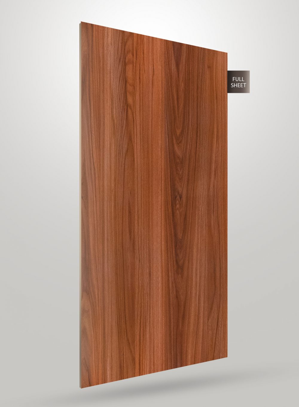Brown wood grain decorative laminate with glossy finish and visible wood texture, labeled full sheet.