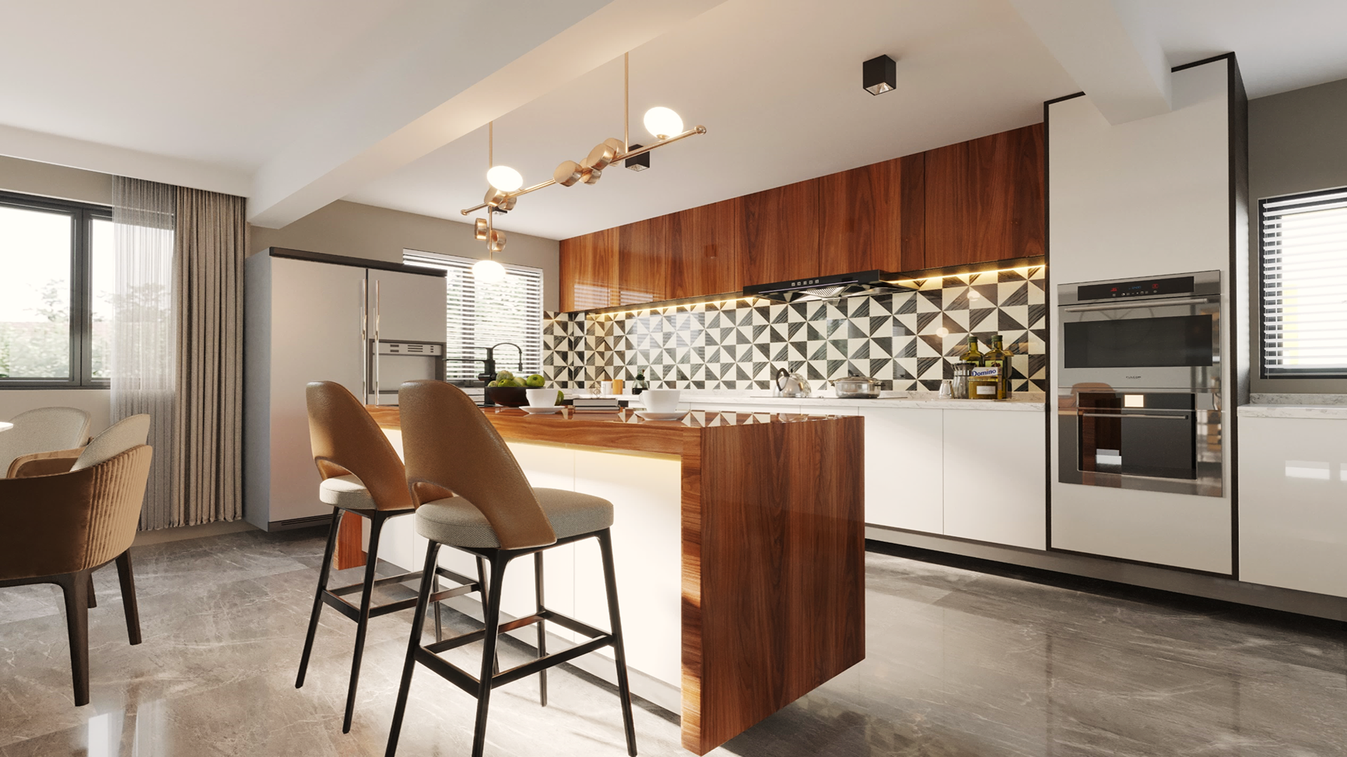 Brown wood laminate kitchen with glossy finish, visible wood grain, and modern fixtures and appliances.