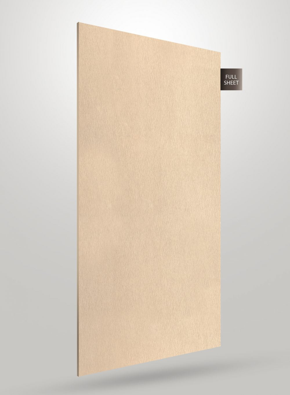 Beige wood grain decorative laminate with glossy finish and subtle texture displayed as full sheet.