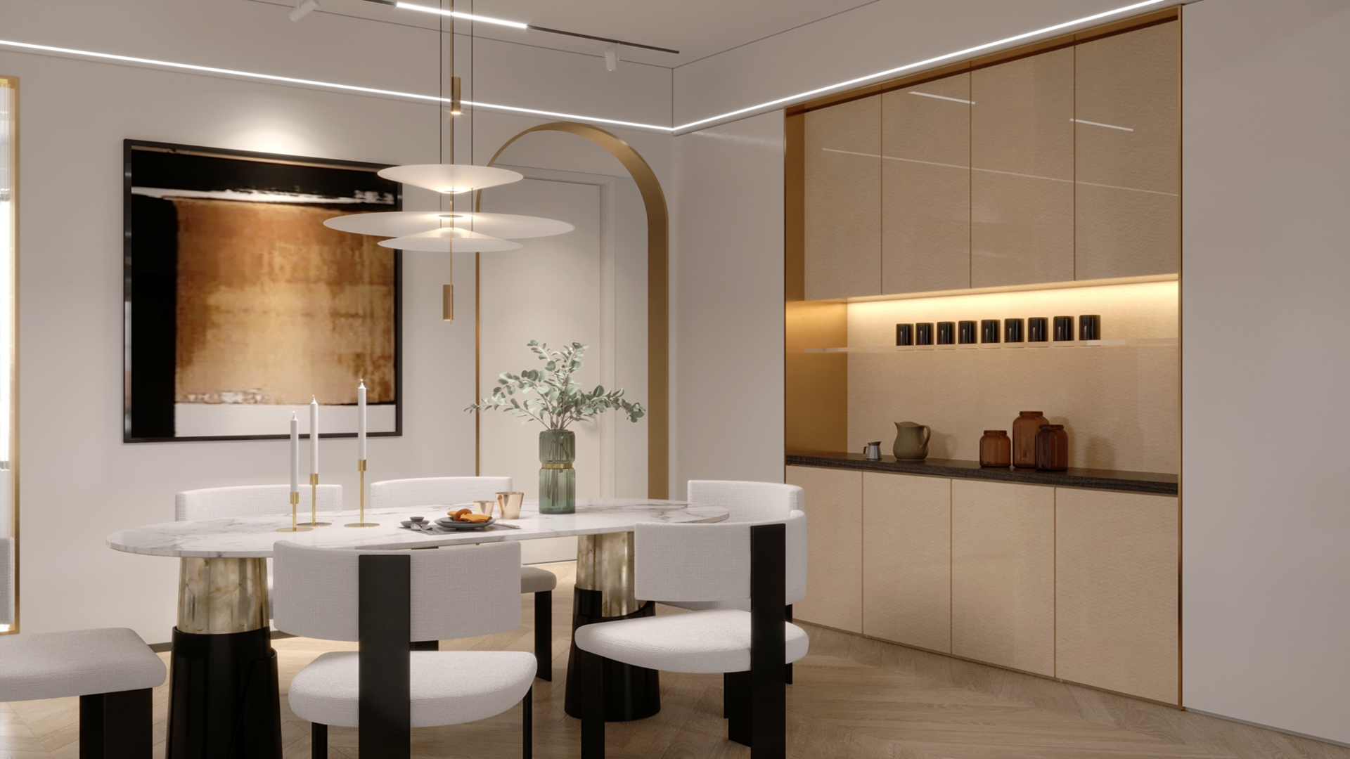 Beige wood laminate with glossy finish on kitchen cabinets and wall panels in modern dining room interior