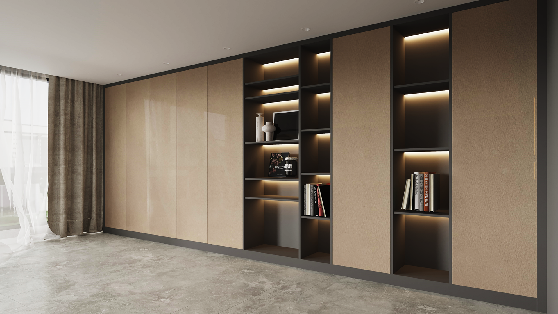 Beige wood grain laminate wall panels with glossy finish and vertical panels on built-in shelving unit in modern room.