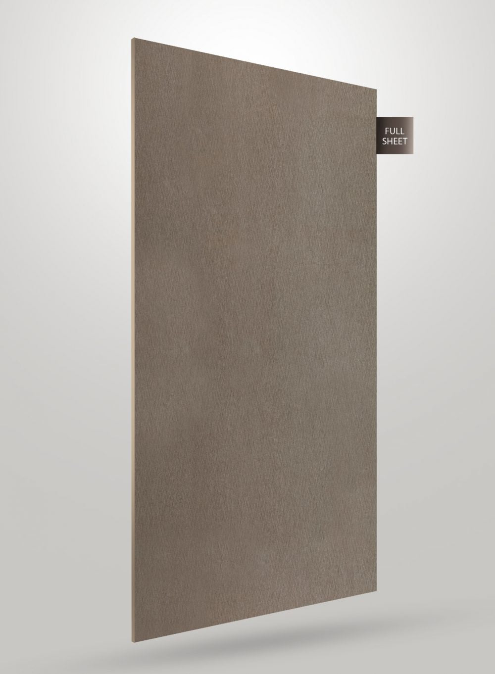 Grey wood grain decorative laminate sheet with glossy finish and visible texture, labeled full sheet.
