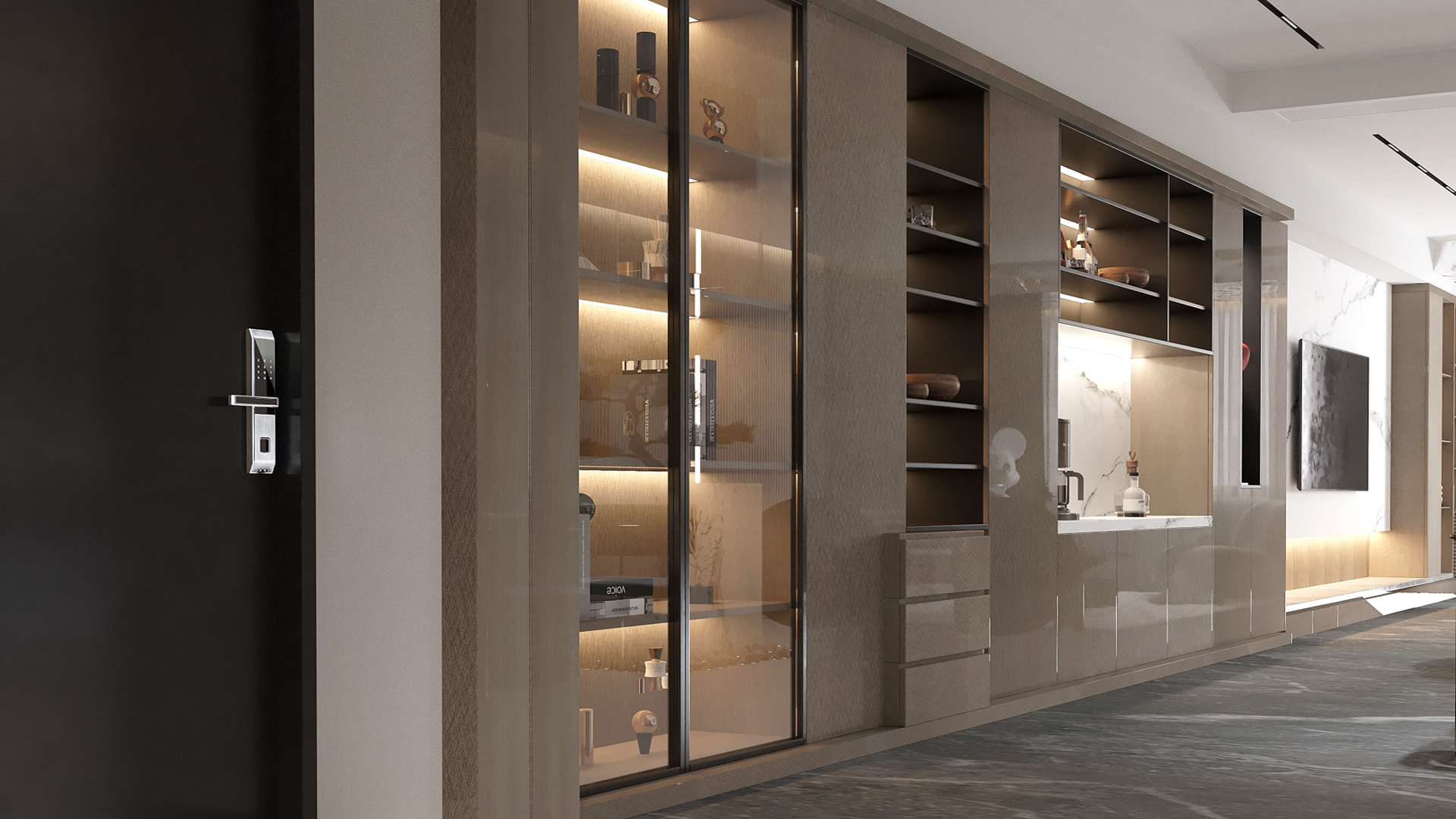 Grey wood laminate with glossy finish used in modern cabinetry and shelving units in a sleek interior design setting