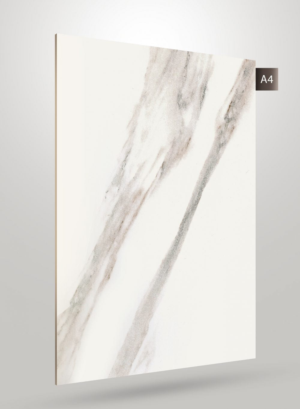 White marble laminate with grey diagonal veining and glossy finish.
