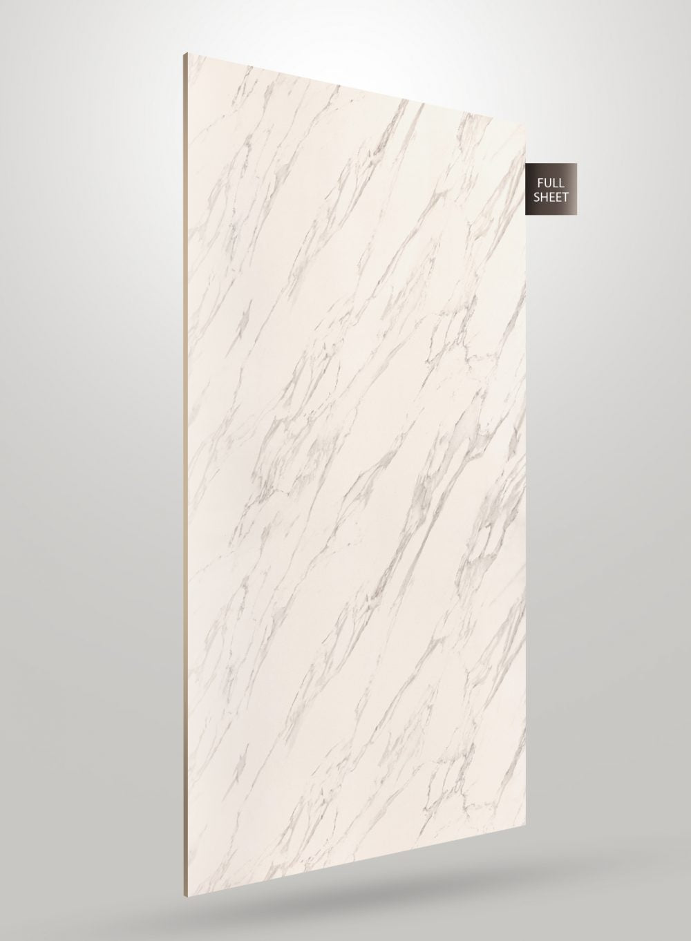 White marble laminate sheet with grey veining and high gloss finish displayed on a grey background with full sheet label.