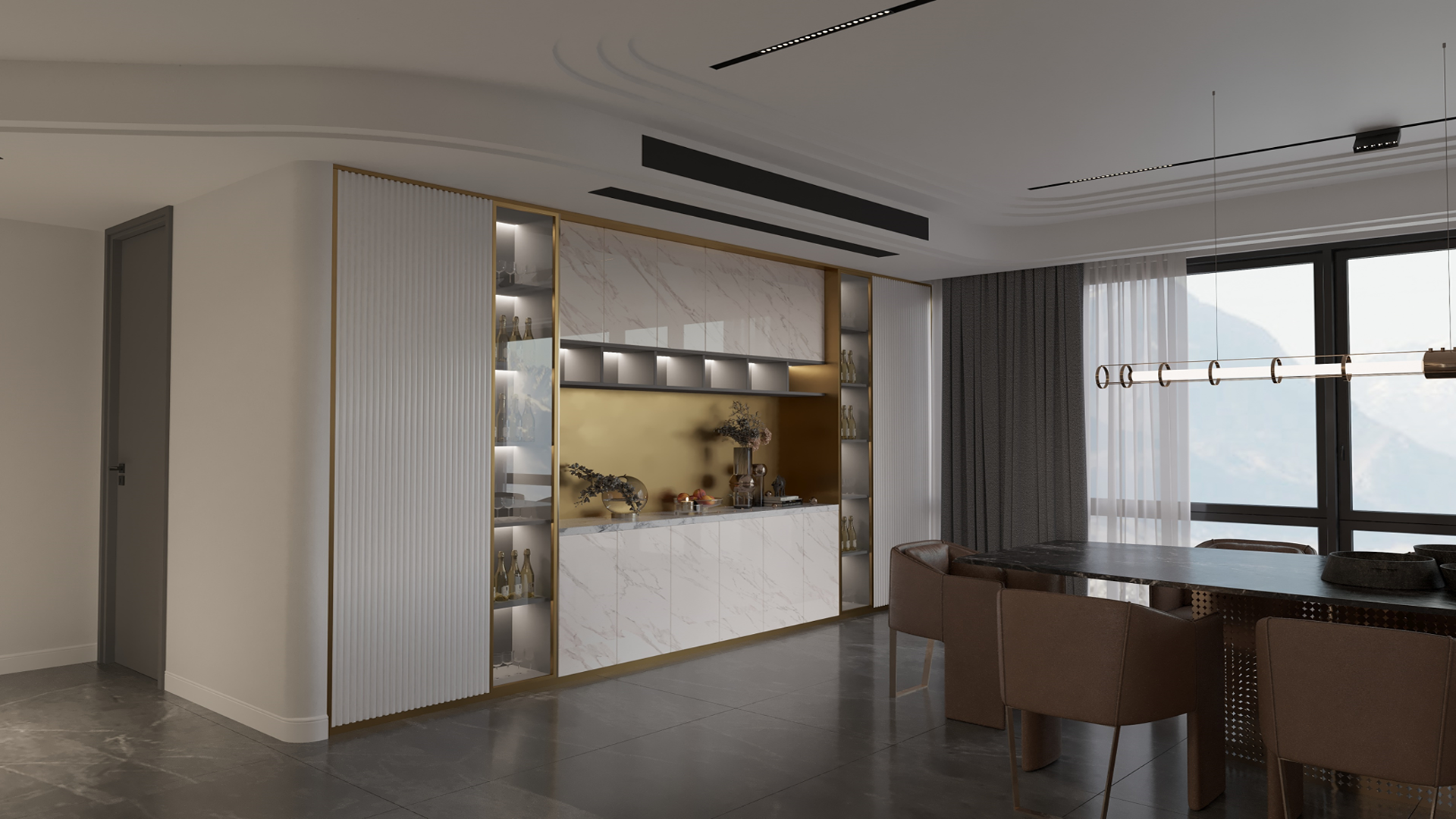 White marble laminate with glossy finish used on wall and countertop in modern dining room with minimalist decor and large