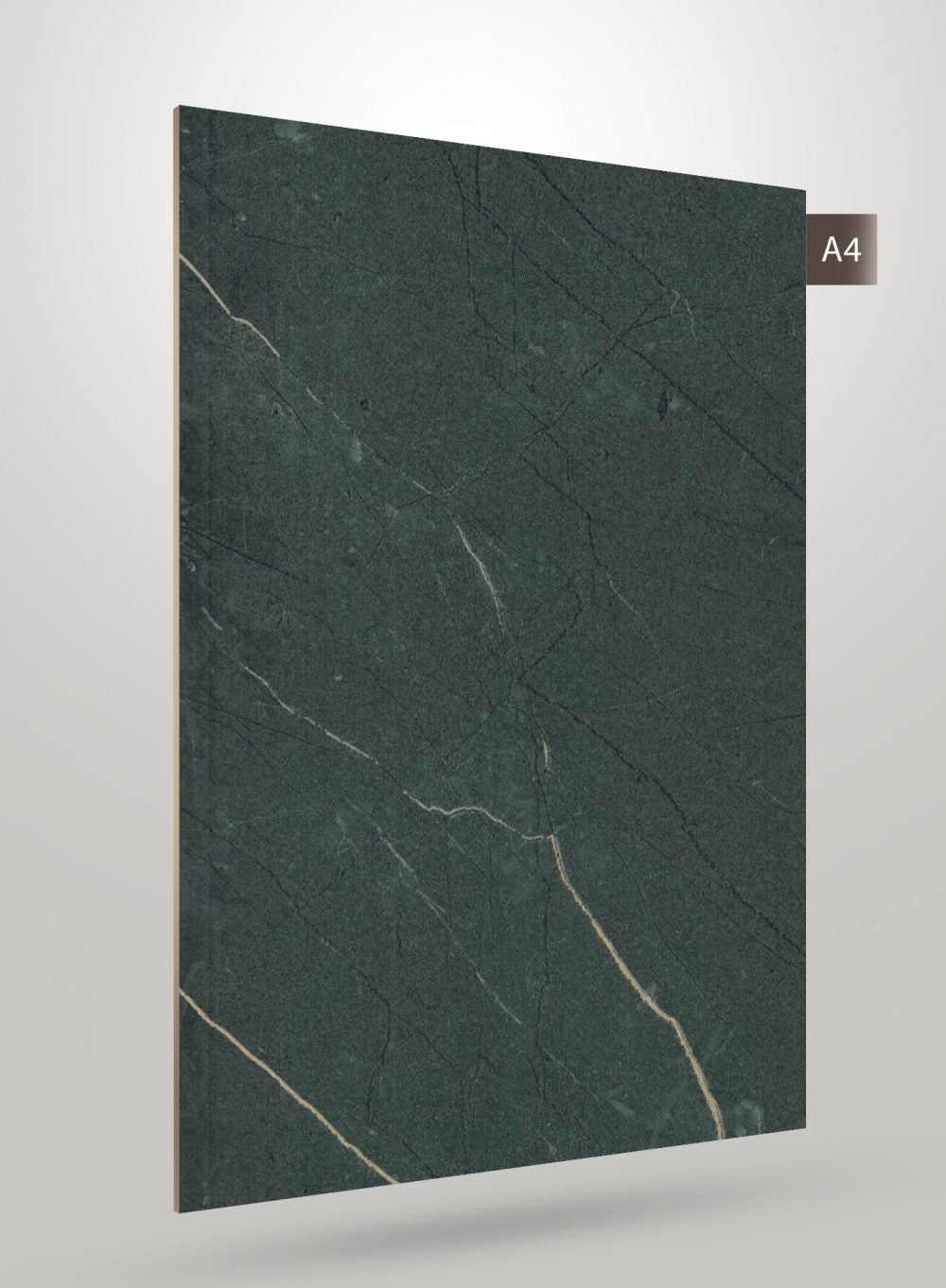 Green marble laminate with gold veining and high gloss finish, showing a stone pattern with diagonal cracks and subtle