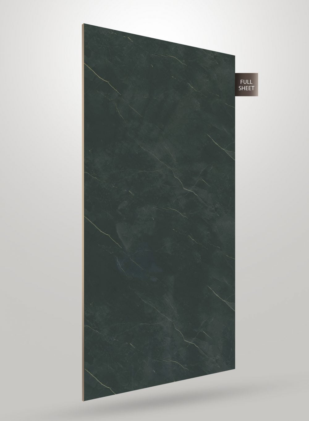 Green marble laminate sheet with gold veining and glossy finish displayed on a gray background with full sheet label.