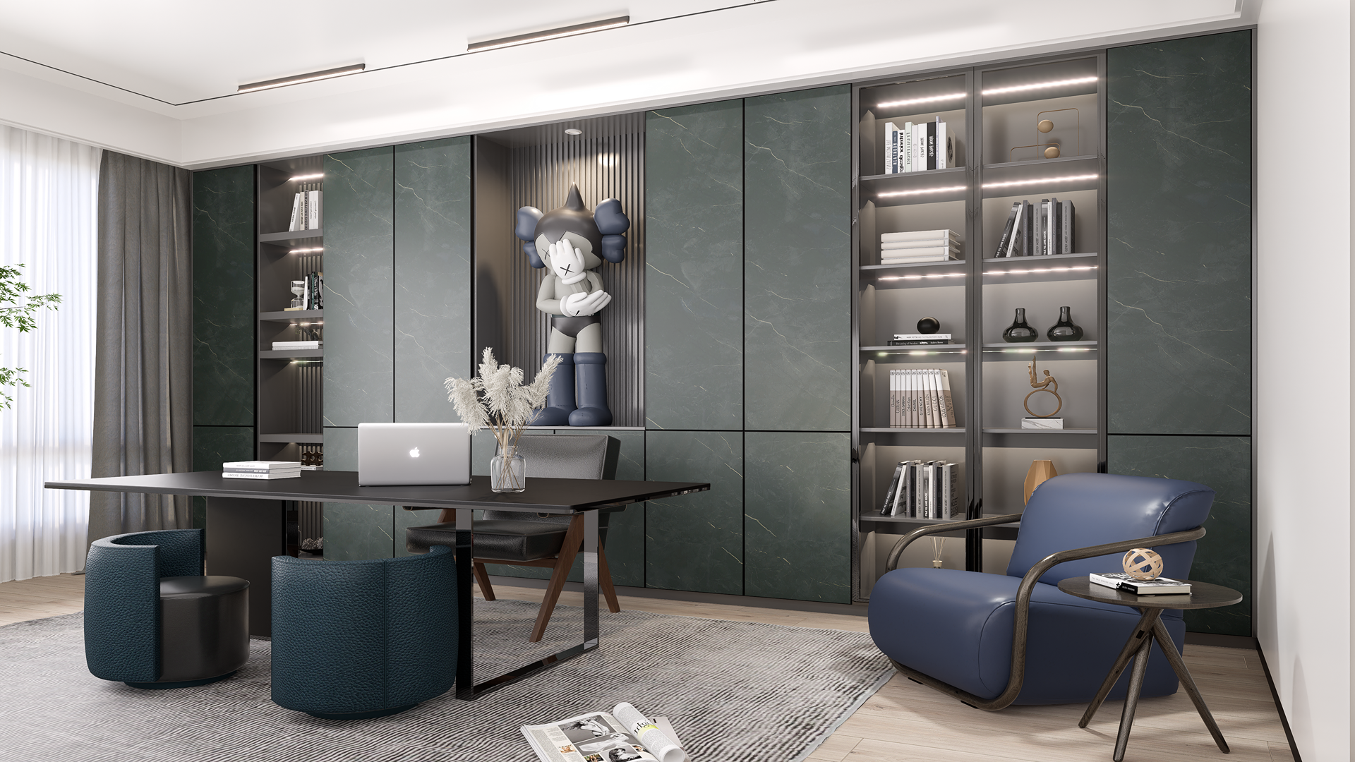 Green marble laminate wall panels with white veining in a modern office with dark furniture and blue accent chair.