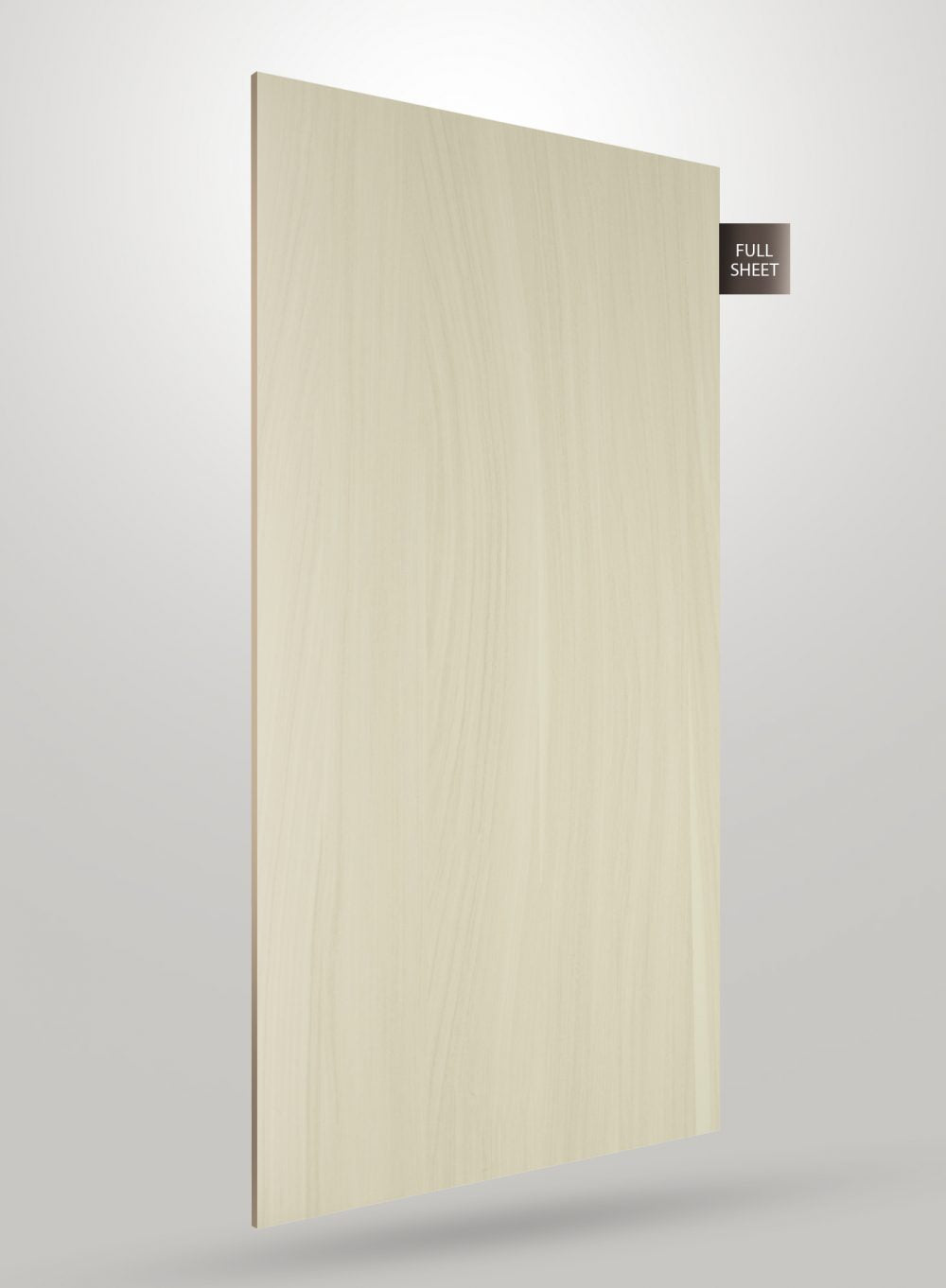 Beige wood grain decorative laminate sheet with glossy finish and visible wood texture, labeled full sheet.
