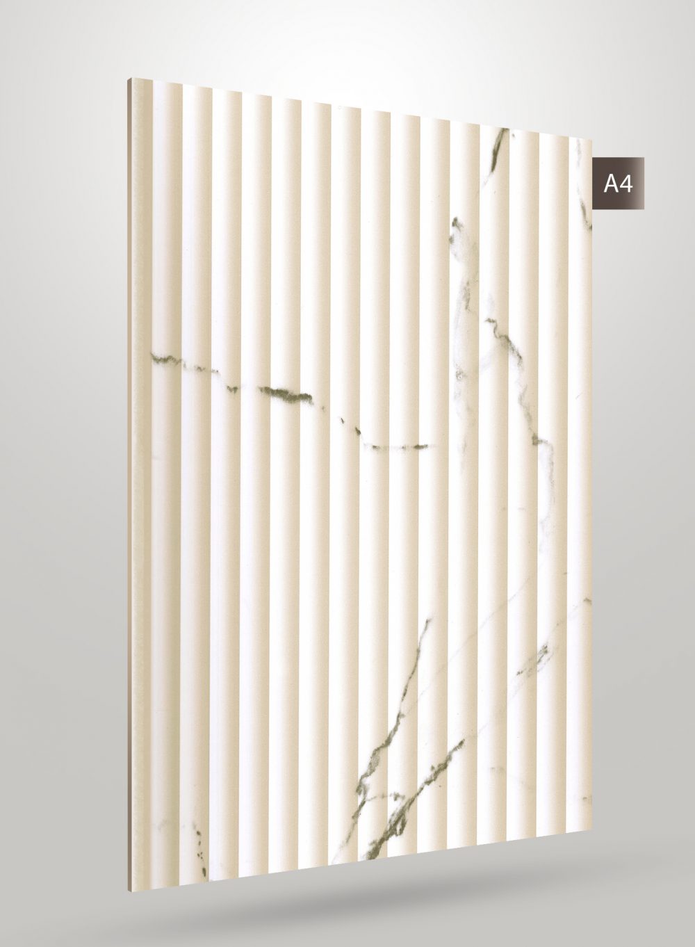 Ivory marble laminate wall panel with vertical ridges and glossy finish showing subtle veining and raised texture details.