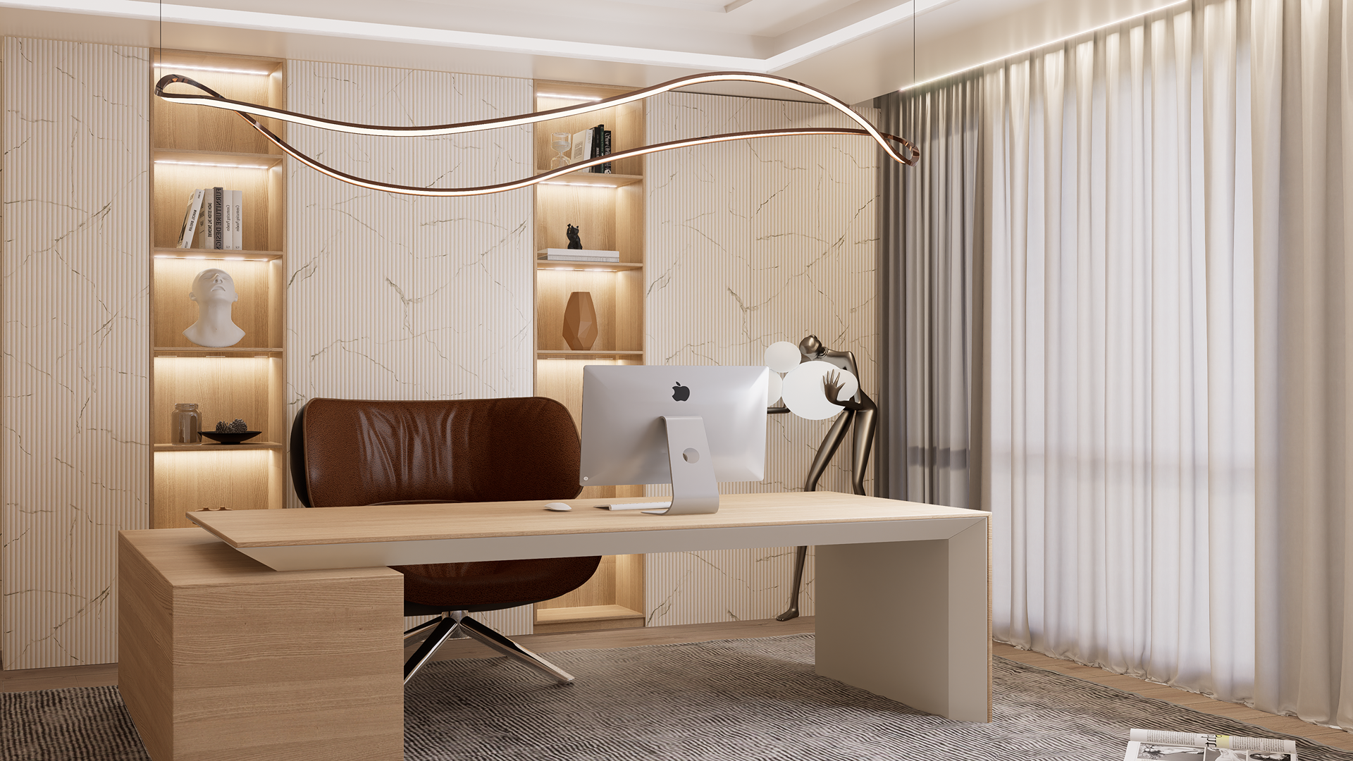 Ivory marble laminate wall panel with high gloss finish and veining pattern in a modern office setting
