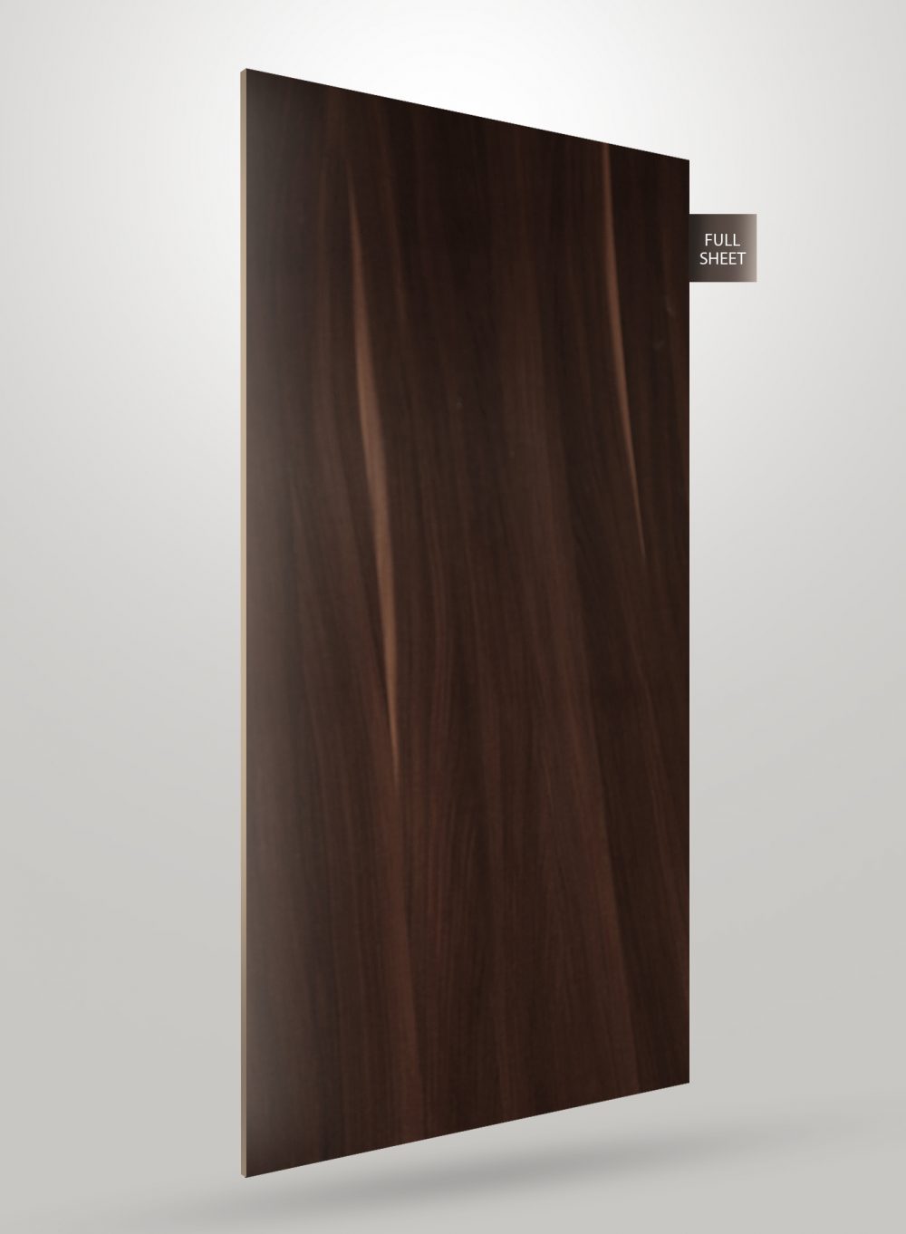 Dark brown wood grain decorative laminate with glossy finish and visible wood texture on full sheet.
