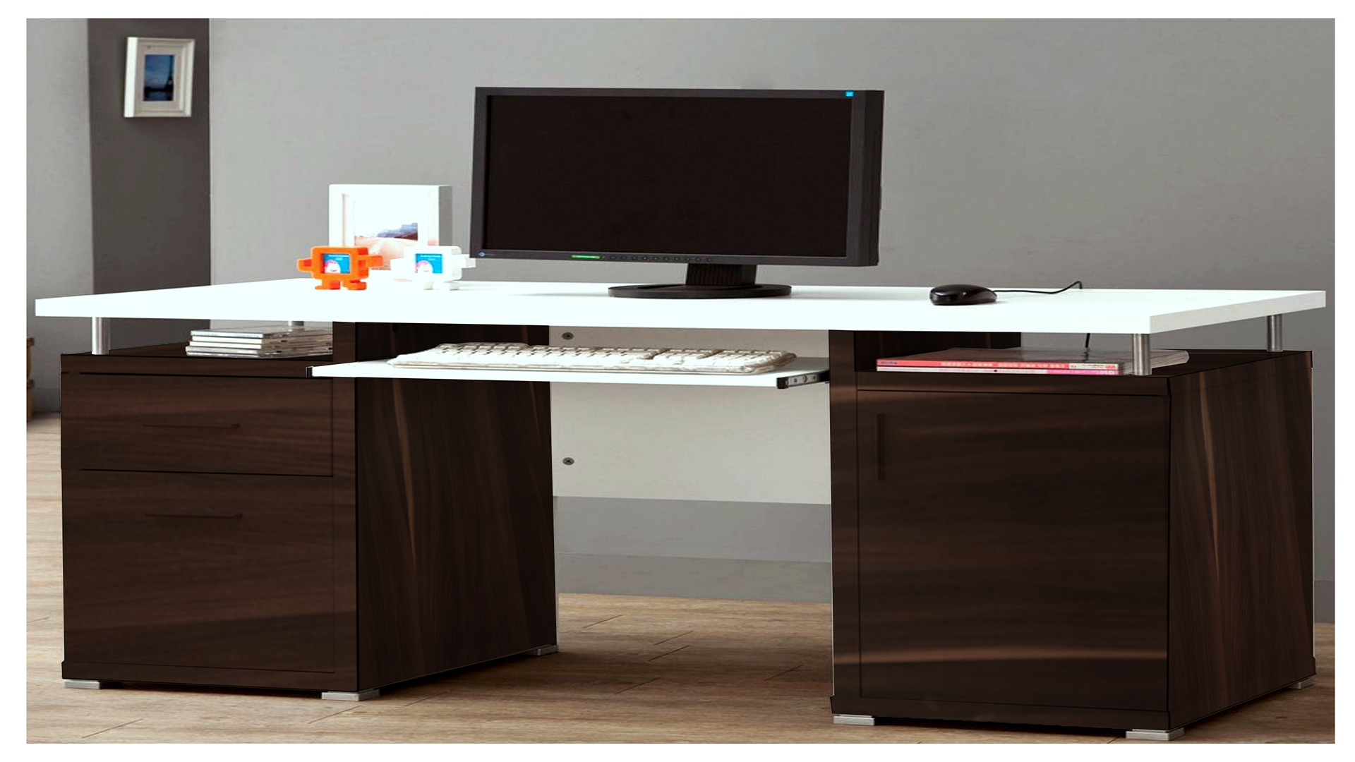 Brown wood grain laminate desk with glossy finish and visible wood texture in a modern office setting.