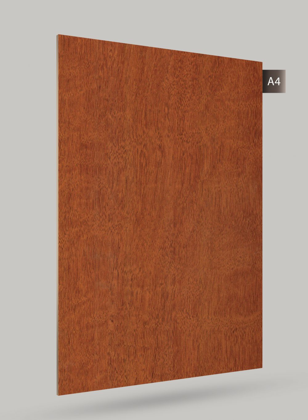 Brown wood grain decorative laminate with high gloss finish and visible wood texture on a rectangular sheet.