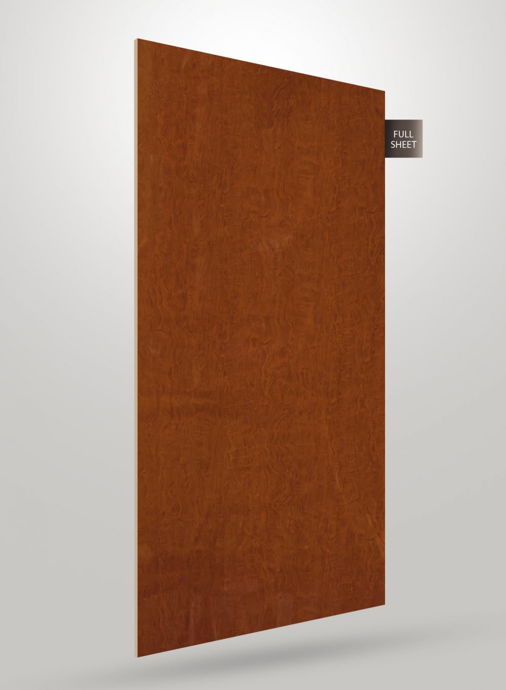 Brown wood grain decorative laminate with glossy finish and visible texture, displayed as a full sheet.