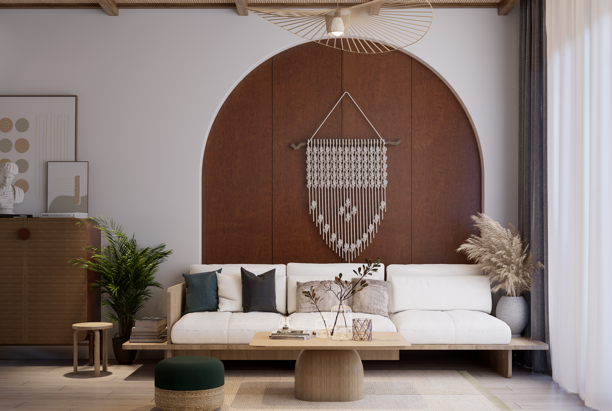 Brown wood laminate wall panel with glossy finish in modern living room interior with white sofa and decor items