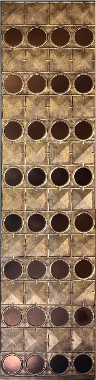 Meridian Punchline Envy V245/Copper carved wall panel, rows of raised discs over a diamond-quilted ground