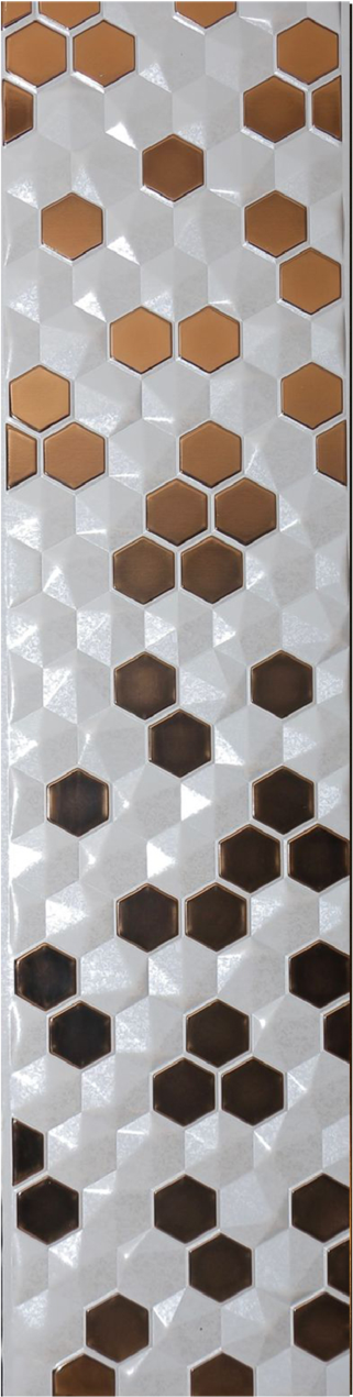 Meridian Punchline Hexad MOP/Copper carved wall panel, faceted hexagons standing proud of the sheet