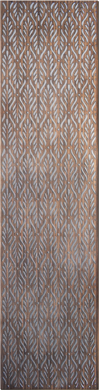 Meridian Punchline Murano Wooden/Gun Metal carved wall panel, a carved flame-leaf motif