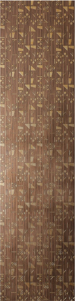 Meridian Punchline Odyssey Wooden/820 carved wall panel, a scattered stroke-and-arrow relief