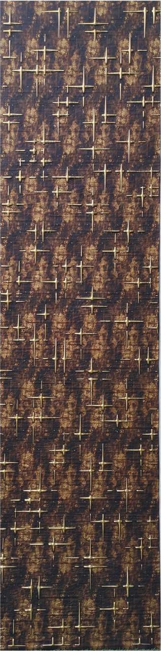 Meridian Punchline Rolex 415/820 carved wall panel, gold pin-strokes scattered over a linen ground