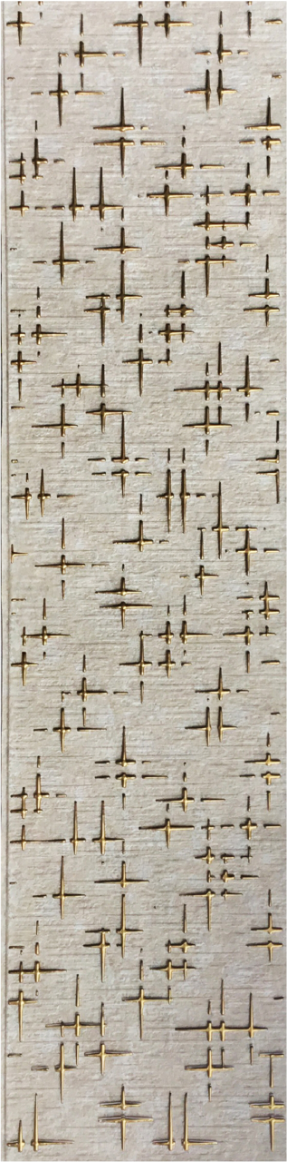Meridian Punchline Rolex 636/820 carved wall panel, gold pin-strokes scattered over a linen ground