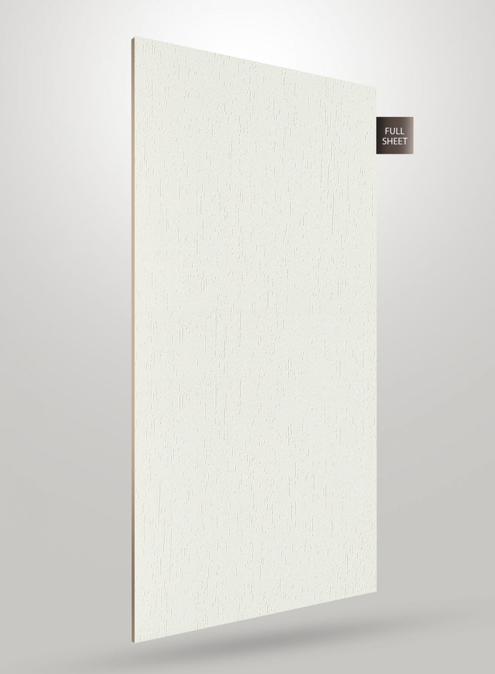 White matte laminate sheet with textured finish and subtle vertical pattern, displayed at an angle with visible edge.