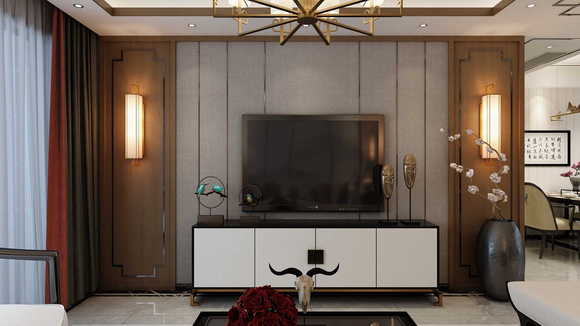 White solid colour laminate in a modern living room with matte finish and subtle texture on a TV cabinet.