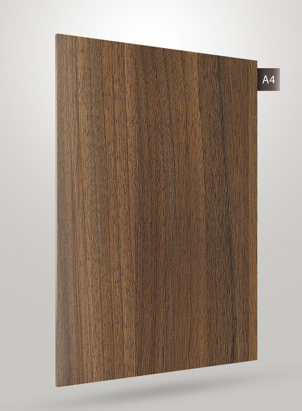 Brown wood grain decorative laminate with matte finish and vertical wood texture pattern on a square sample sheet.