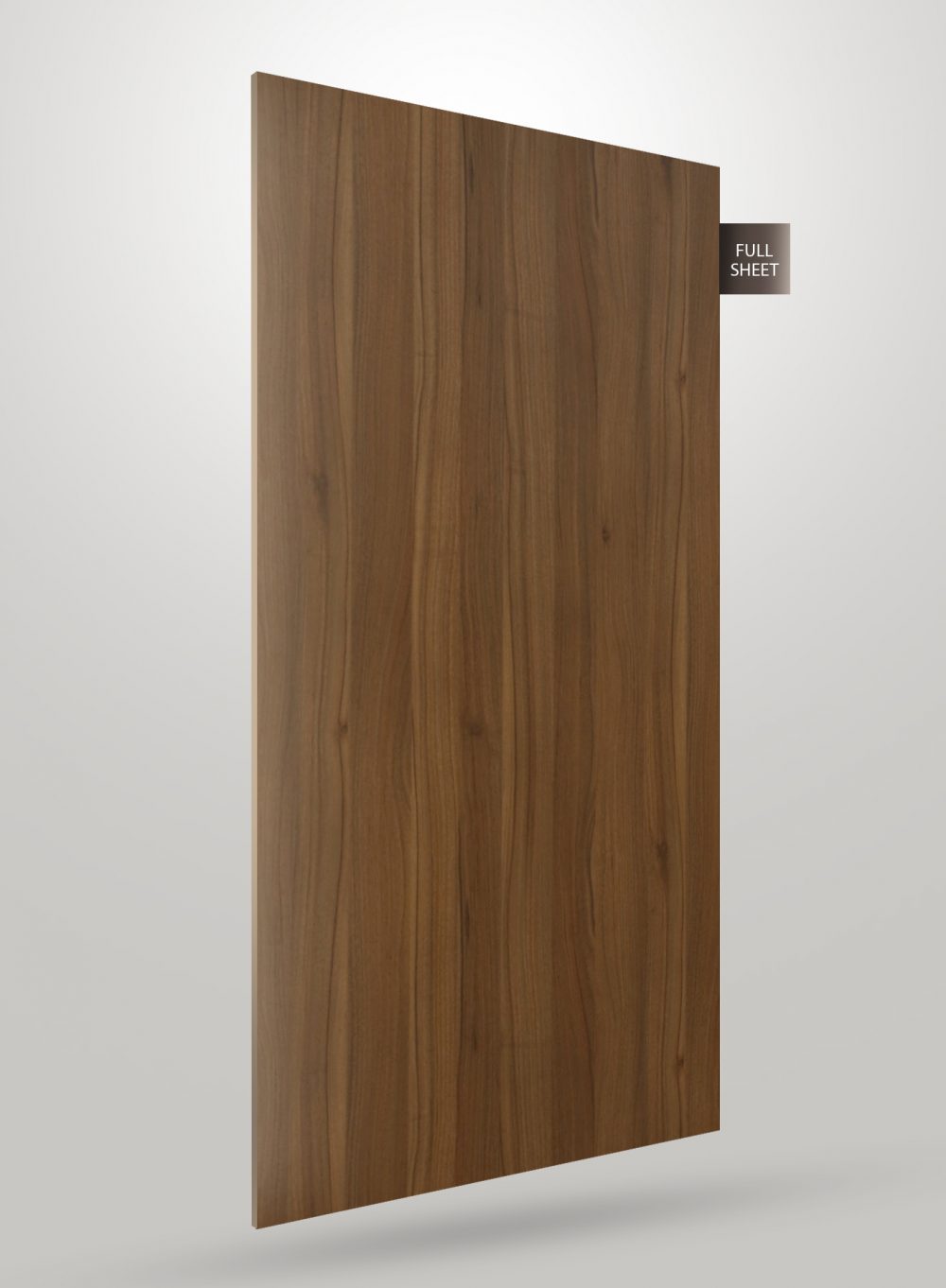 Brown wood grain decorative laminate sheet with vertical wood pattern and matte finish, labeled full sheet.