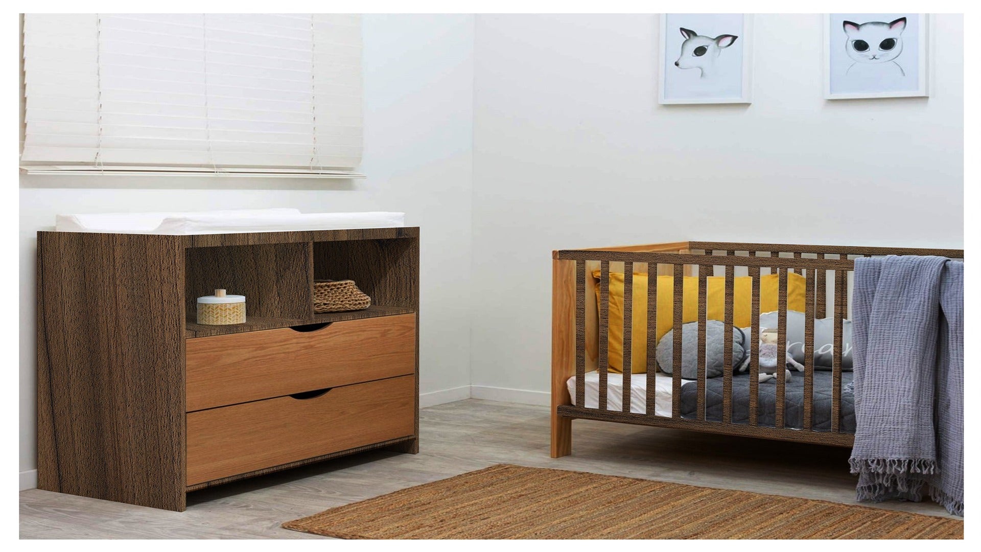 Beige wood grain laminate furniture in nursery with crib and changing table, matte finish, wood texture visible