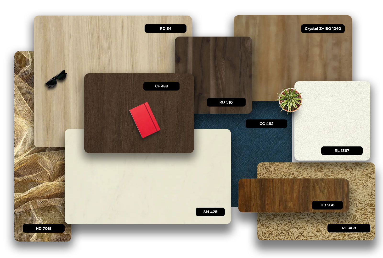 Multi-coloured wood grain laminate with matte finish and visible texture, showcasing various patterns and colours in a