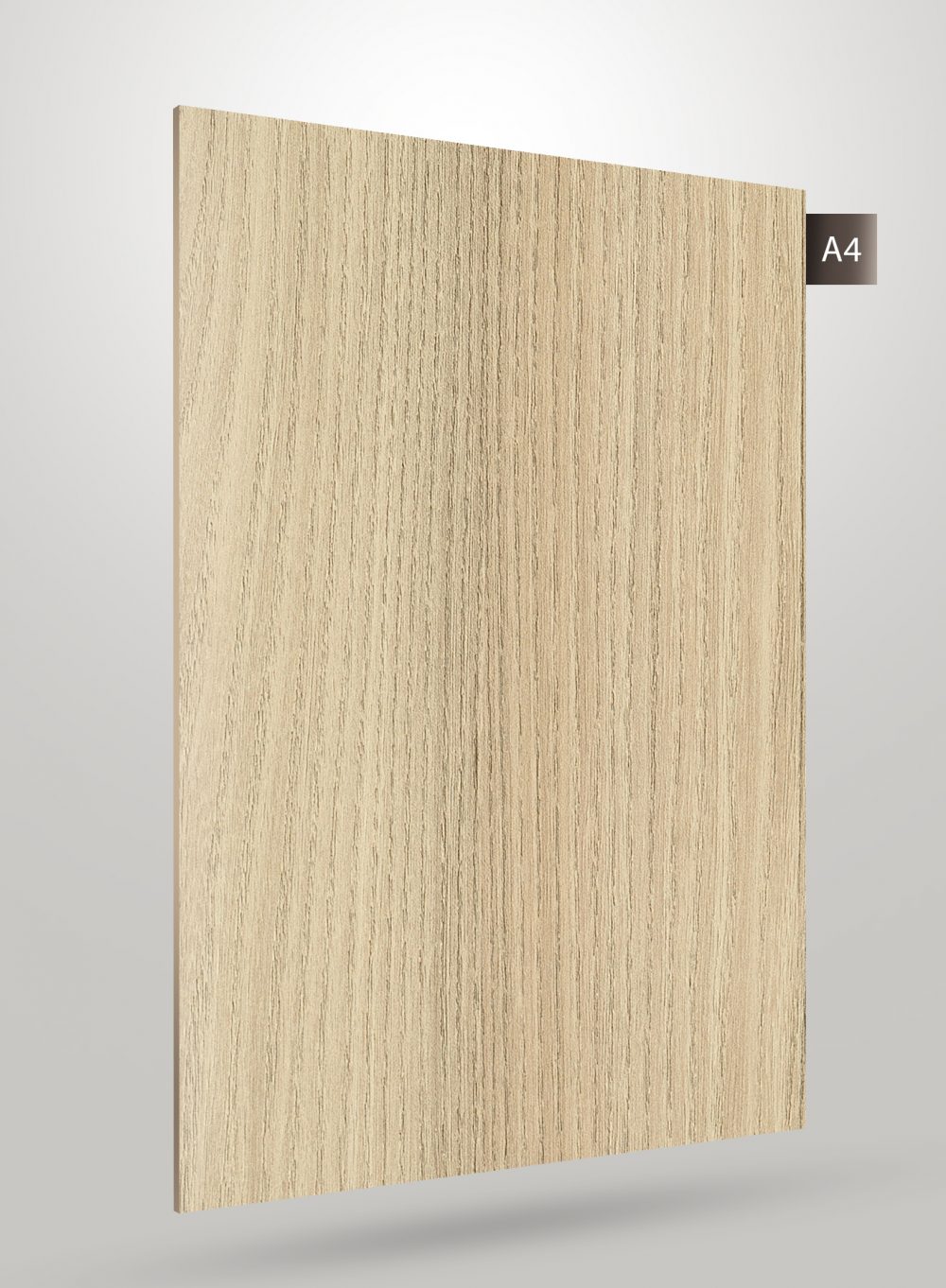 Light wood grain decorative laminate with matte finish and vertical texture pattern on a grey background.