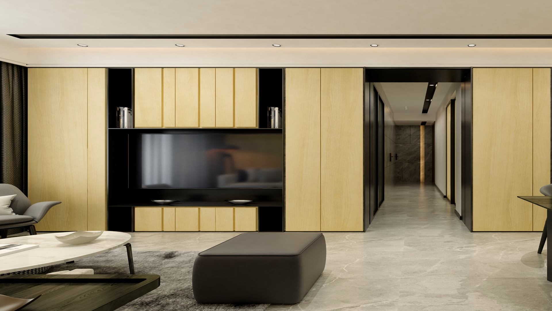 Light wood laminate wall panels with matte finish and wood grain texture in modern living room interior