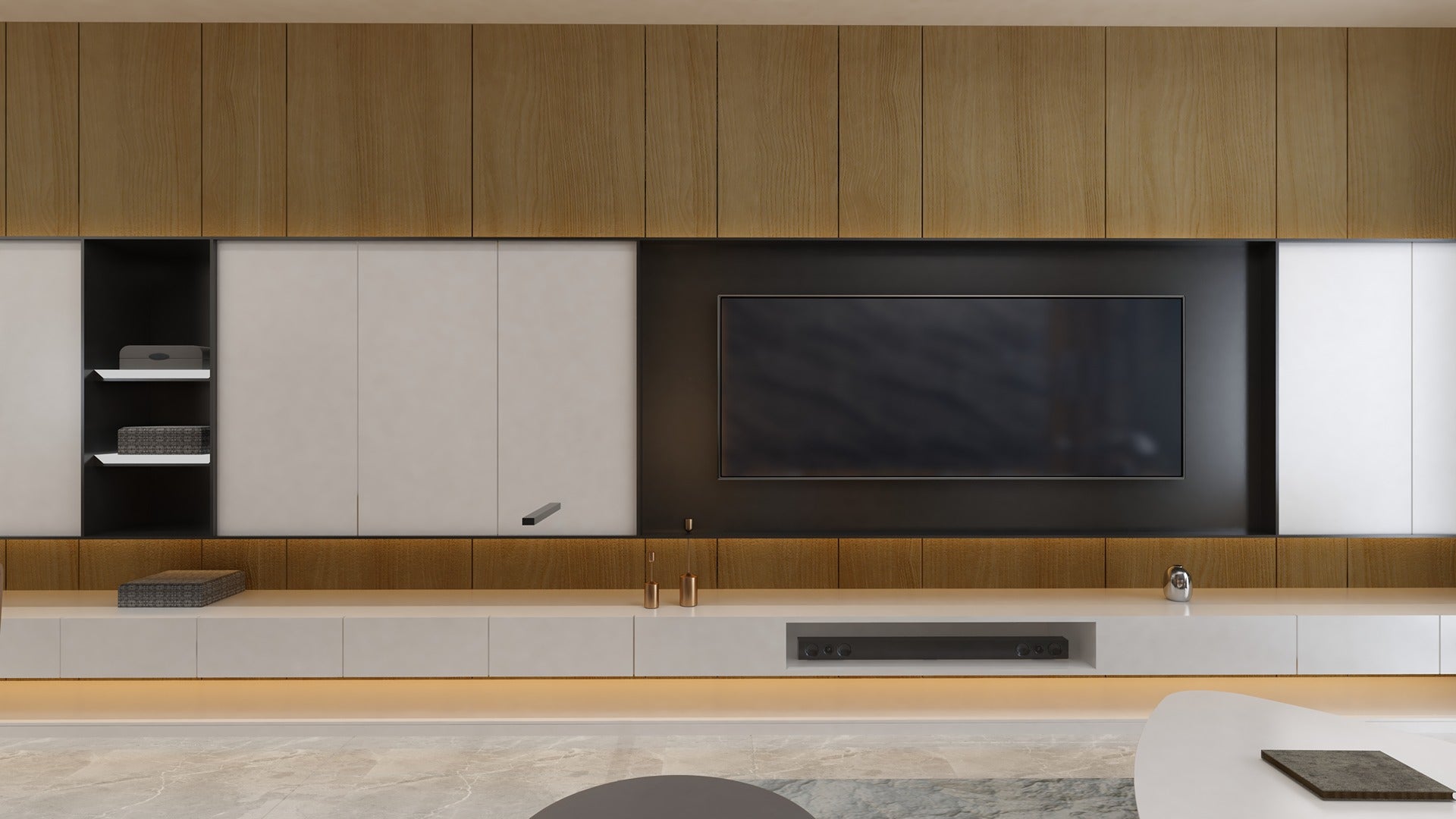 Beige wood grain laminate wall units and shelves in modern living room with matte finish and wood texture visible