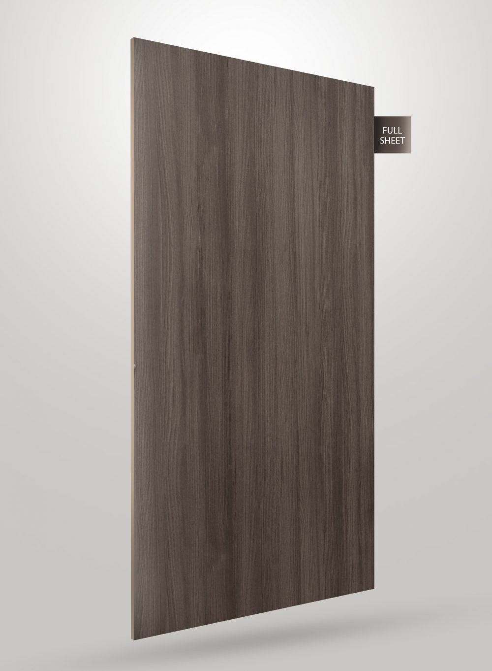 Dark brown wood laminate sheet with matte finish and visible wood grain texture, labeled full sheet.